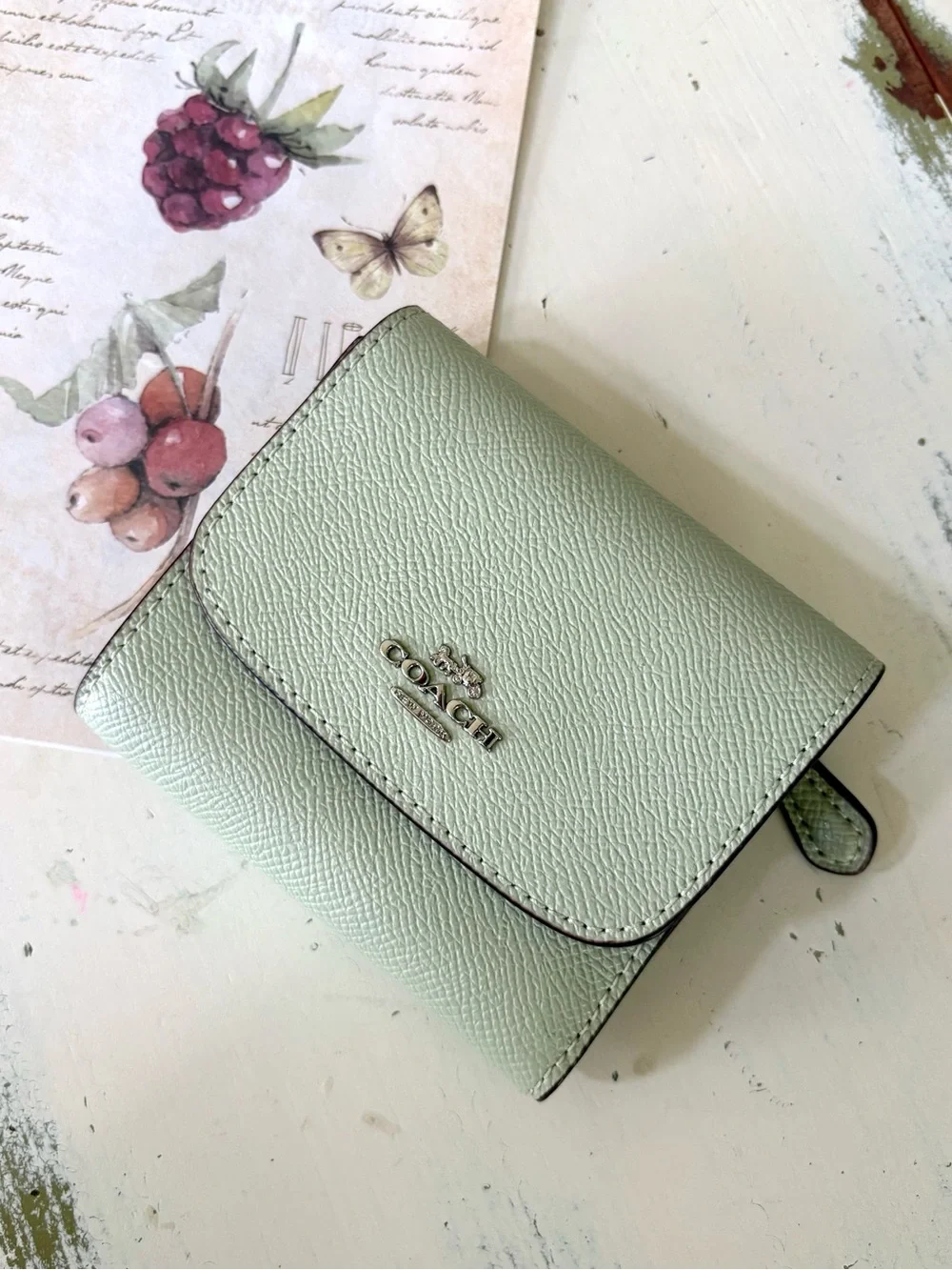 EUC Coach Small Trifold Wallet Leather Pale Pistachio Green Silver